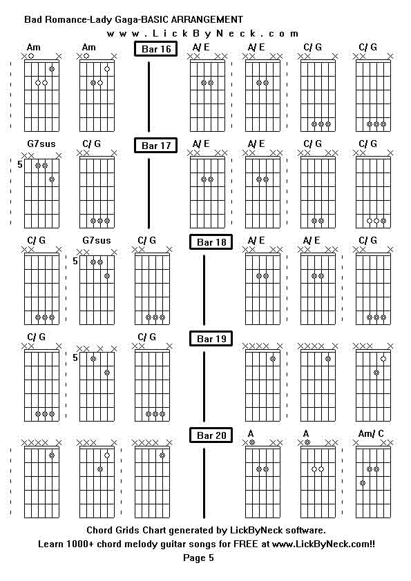 Chord Grids Chart of chord melody fingerstyle guitar song-Bad Romance-Lady Gaga-BASIC ARRANGEMENT,generated by LickByNeck software.